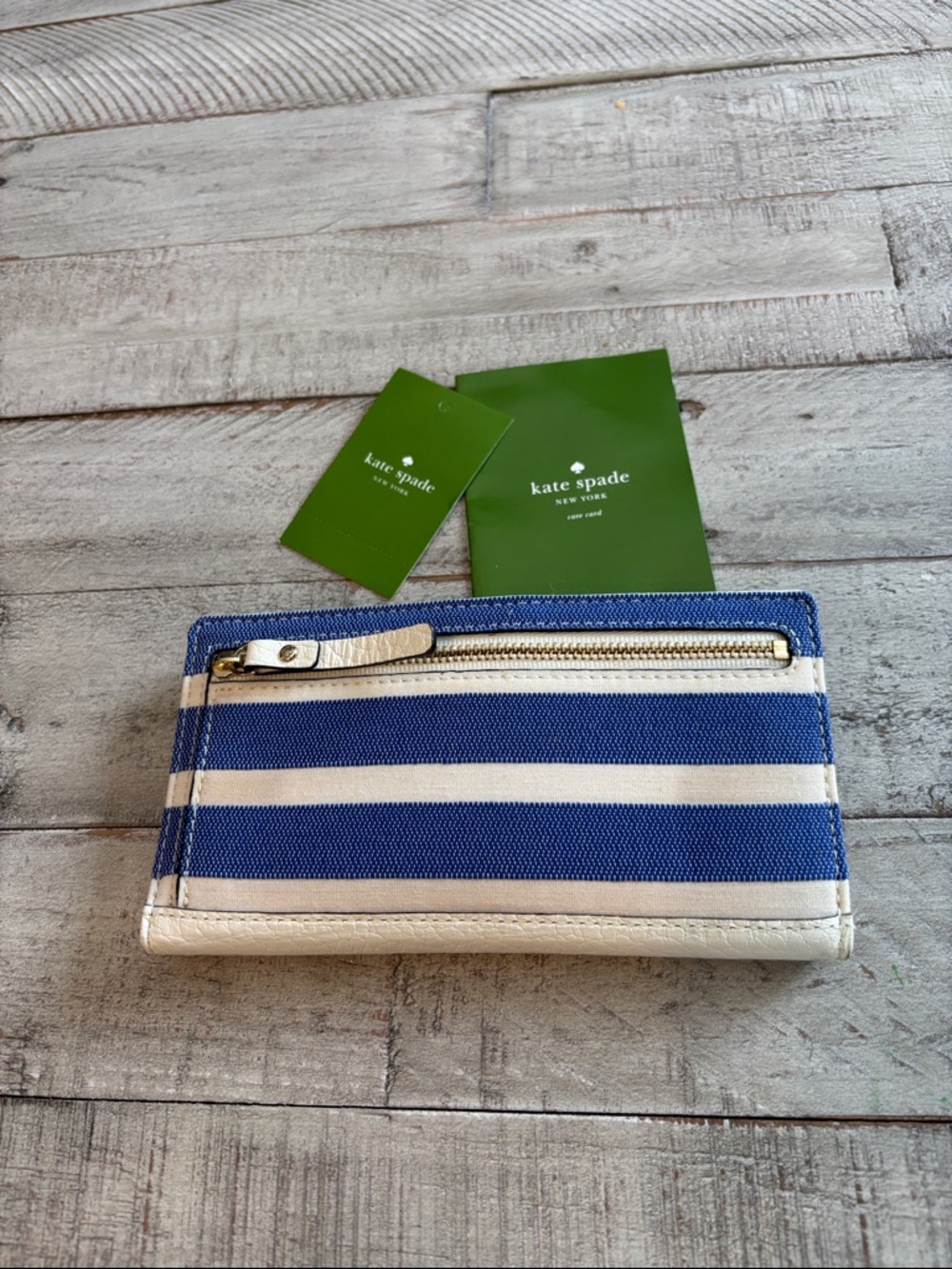 kate spade Blue and White Striped Zip Wallet with Gold Logo Plaque - Picture 2 of 4